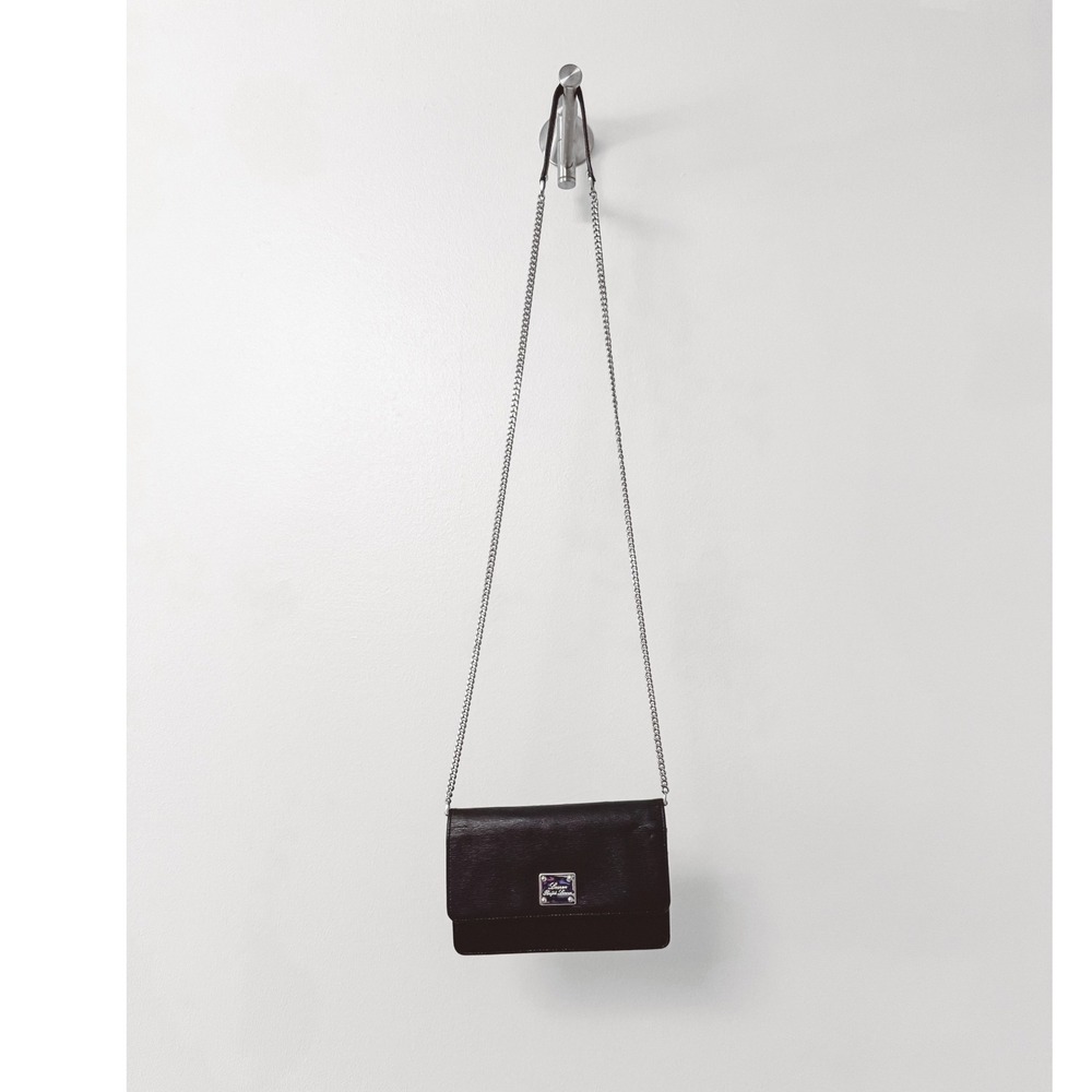 Lauren Ralph Lauren Black Leather Crossbody Wallet on Chain Bag Silver‎ Hardware
